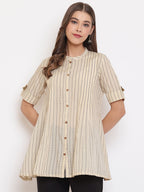 Janasya Women's Cream Cotton Striped Pleated Top - Distacart