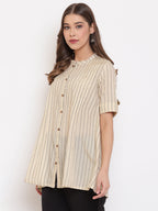 Janasya Women's Cream Cotton Striped Pleated Top - Distacart