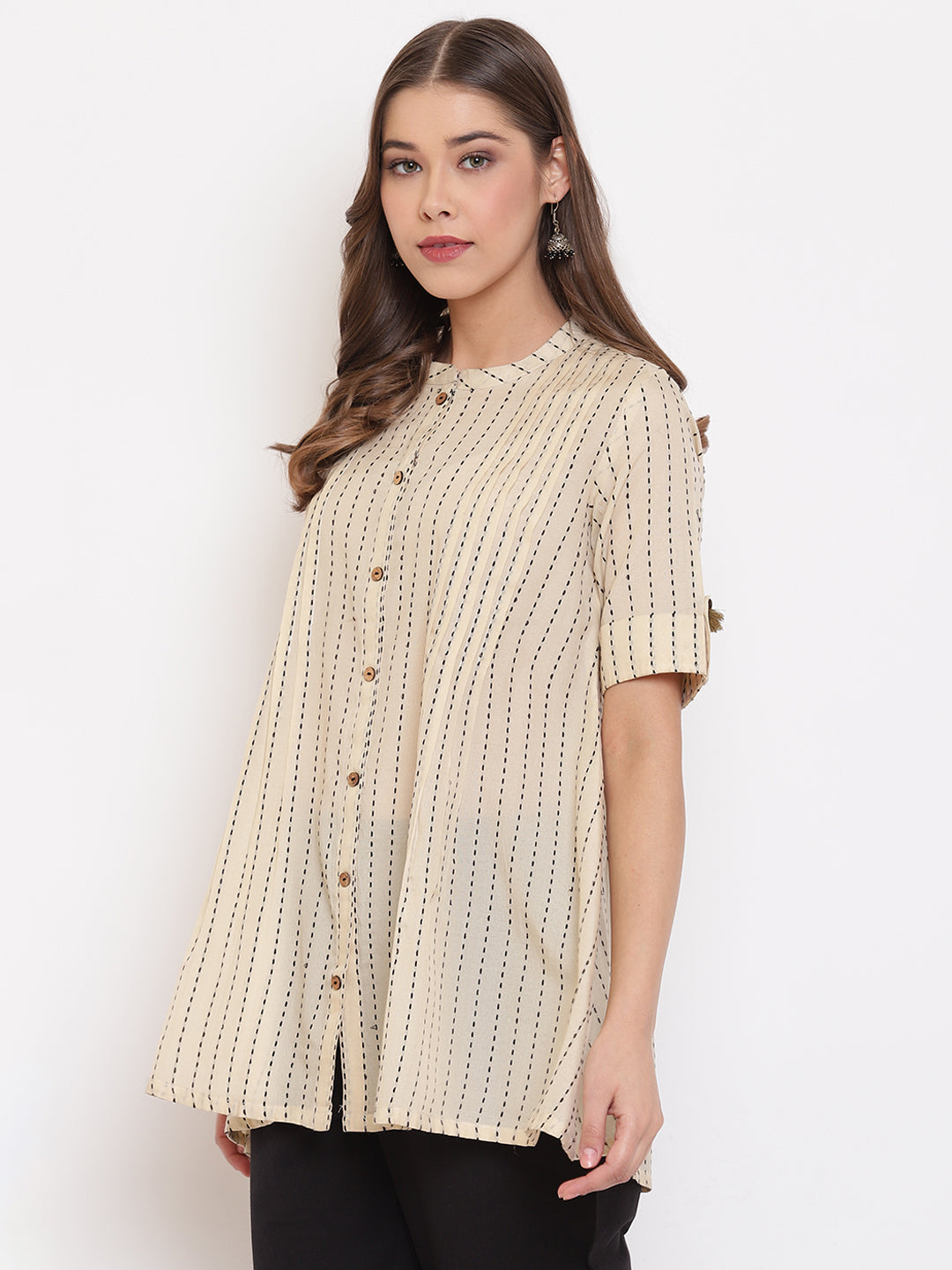 Janasya Women's Cream Cotton Striped Pleated Top - Distacart
