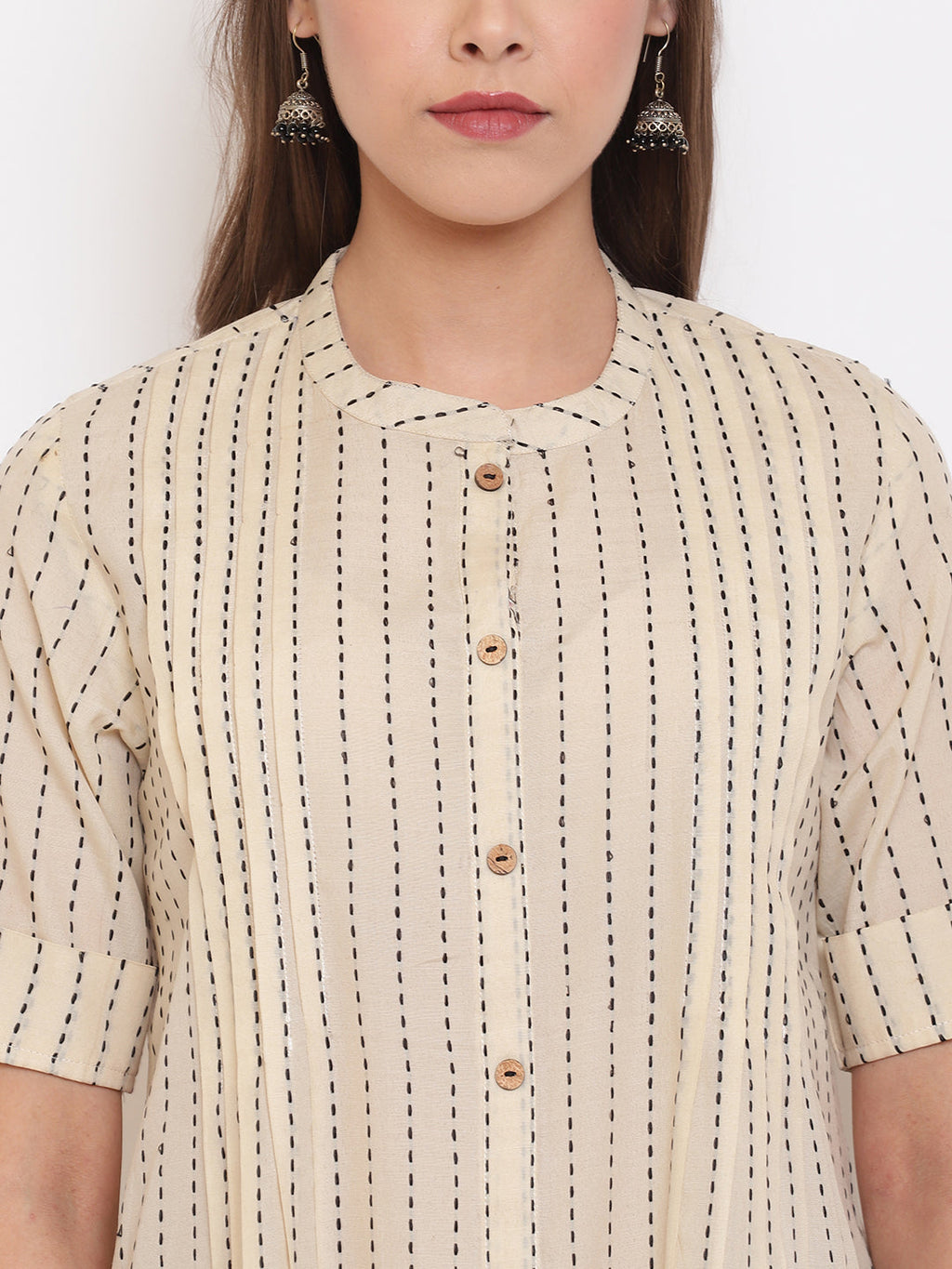 Janasya Women's Cream Cotton Striped Pleated Top - Distacart