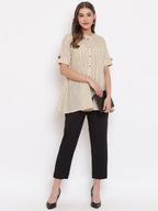 Janasya Women's Cream Cotton Striped Pleated Top - Distacart