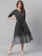 Janasya Black Cotton Striped Flared Casual Dress - Distacart