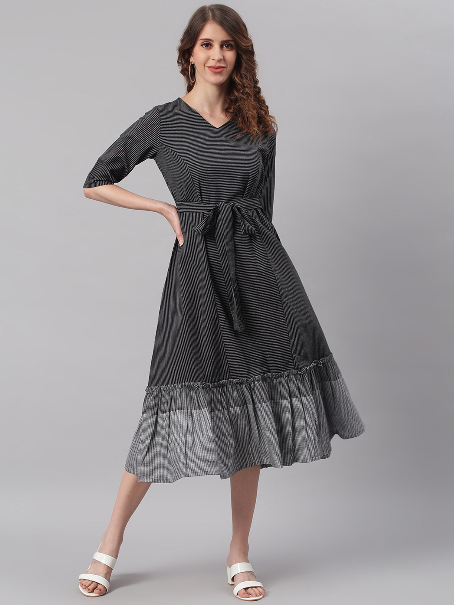 Janasya Black Cotton Striped Flared Casual Dress - Distacart