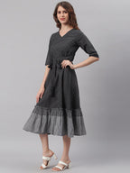 Janasya Black Cotton Striped Flared Casual Dress - Distacart
