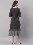Janasya Black Cotton Striped Flared Casual Dress - Distacart