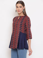 Janasya Women's Blue Rayon Ajrakh Gathered Top - Distacart