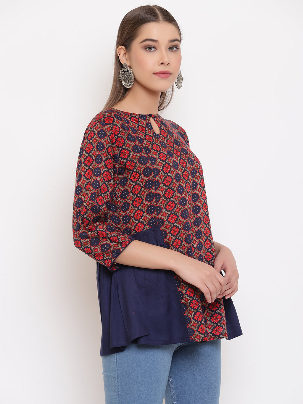 Janasya Women's Blue Rayon Ajrakh Gathered Top - Distacart