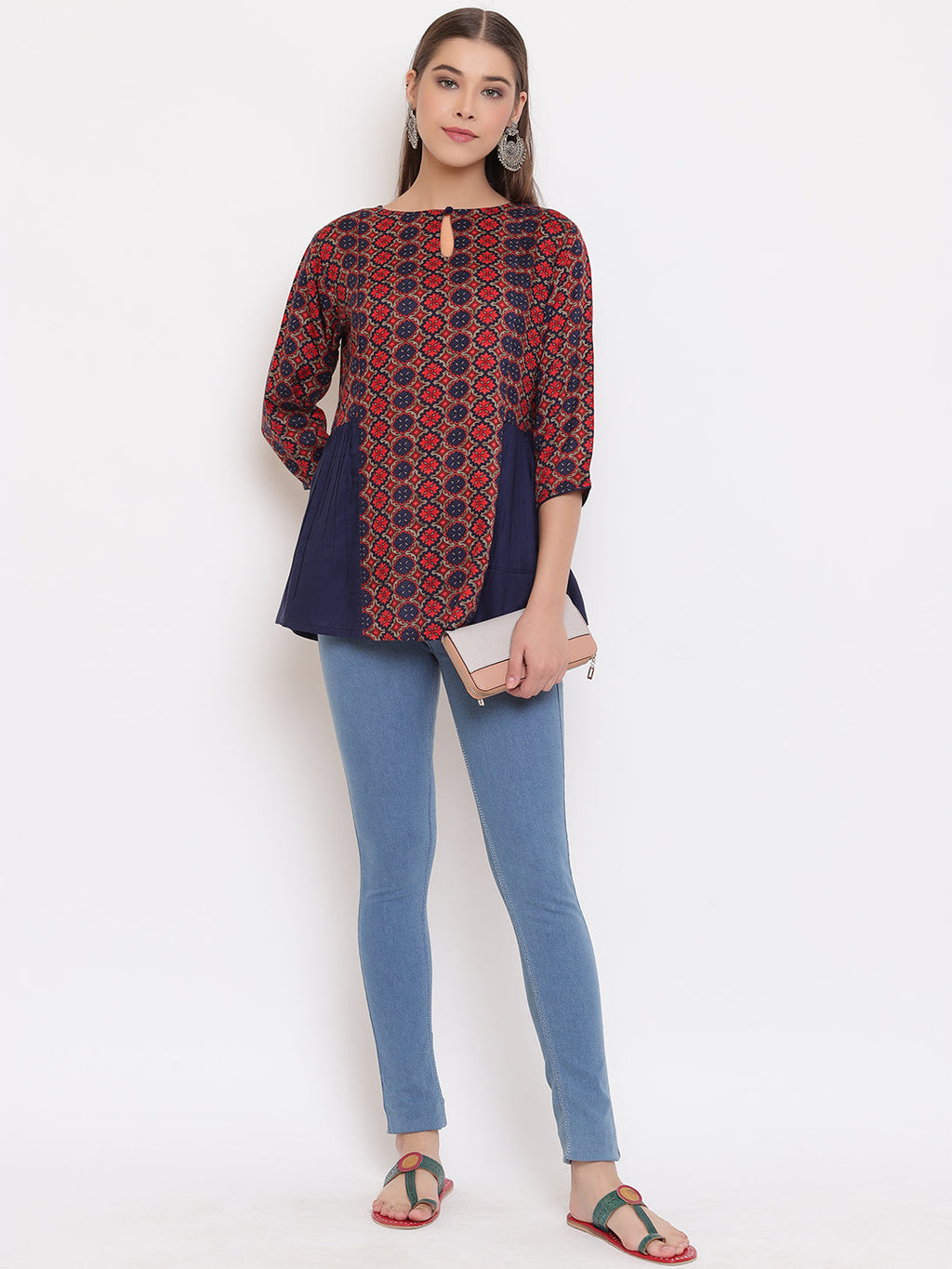 Janasya Women's Blue Rayon Ajrakh Gathered Top - Distacart