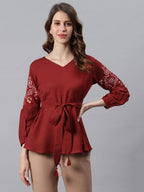 Janasya Women's Maroon Cotton Flex Embroidered A-Line Top - Distacart
