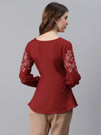 Janasya Women's Maroon Cotton Flex Embroidered A-Line Top - Distacart
