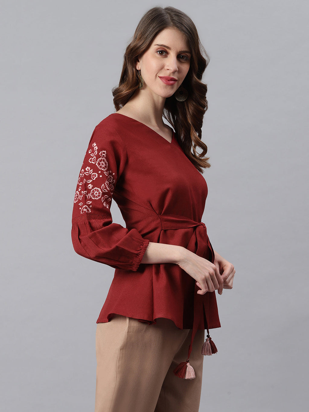 Janasya Women's Maroon Cotton Flex Embroidered A-Line Top - Distacart