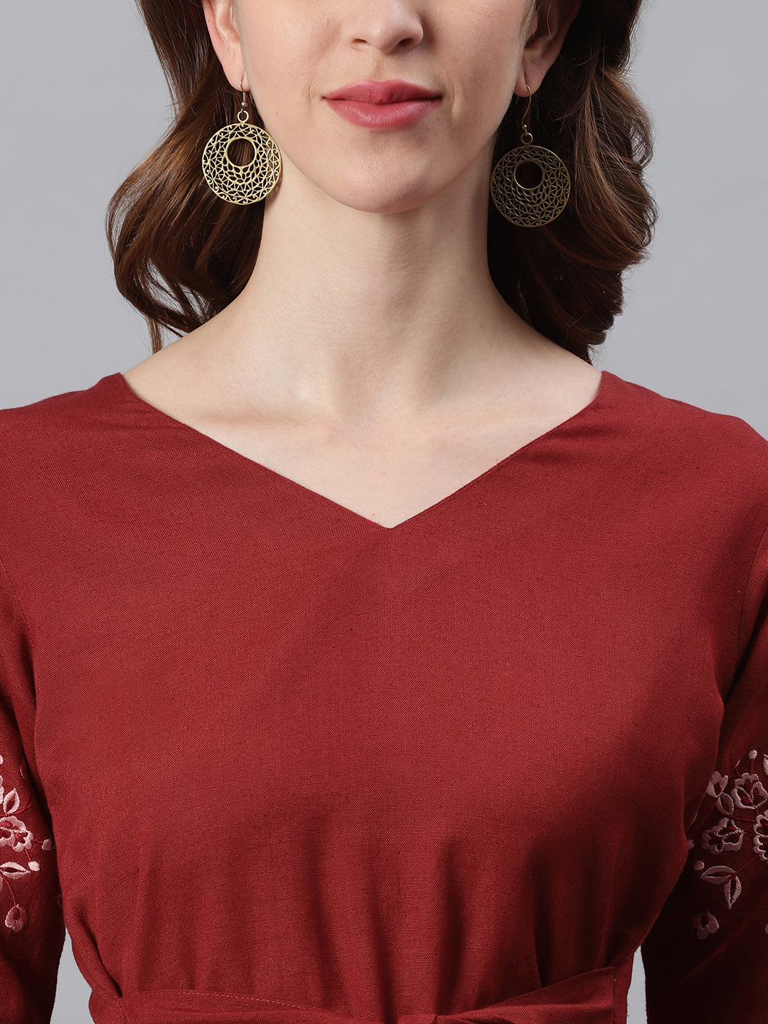 Janasya Women's Maroon Cotton Flex Embroidered A-Line Top - Distacart