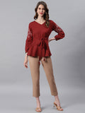 Janasya Women's Maroon Cotton Flex Embroidered A-Line Top - Distacart