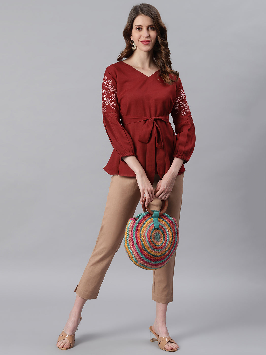 Janasya Women's Maroon Cotton Flex Embroidered A-Line Top - Distacart