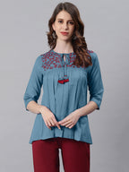 Janasya Women's Blue Cotton Flex Embroidered Gathered Top - Distacart