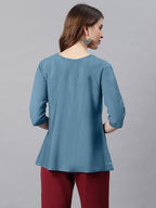 Janasya Women's Blue Cotton Flex Embroidered Gathered Top - Distacart