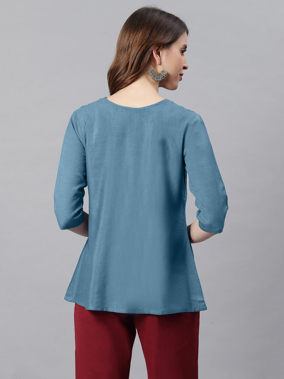 Janasya Women's Blue Cotton Flex Embroidered Gathered Top - Distacart