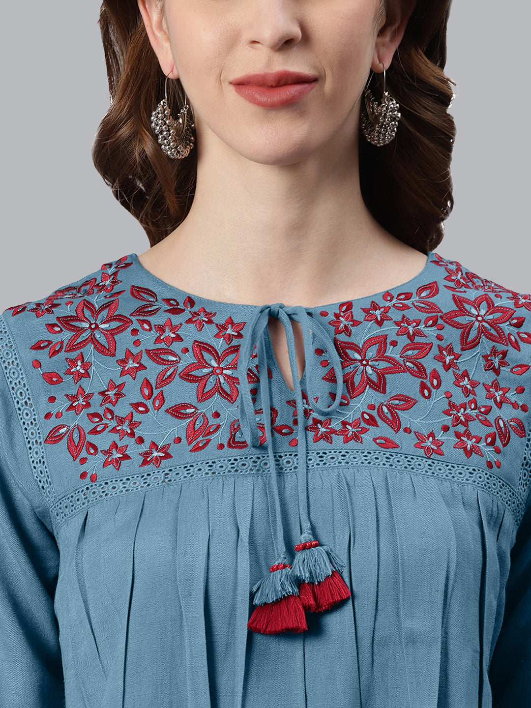 Janasya Women's Blue Cotton Flex Embroidered Gathered Top - Distacart