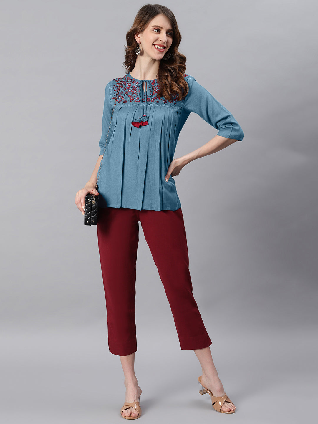Janasya Women's Blue Cotton Flex Embroidered Gathered Top - Distacart