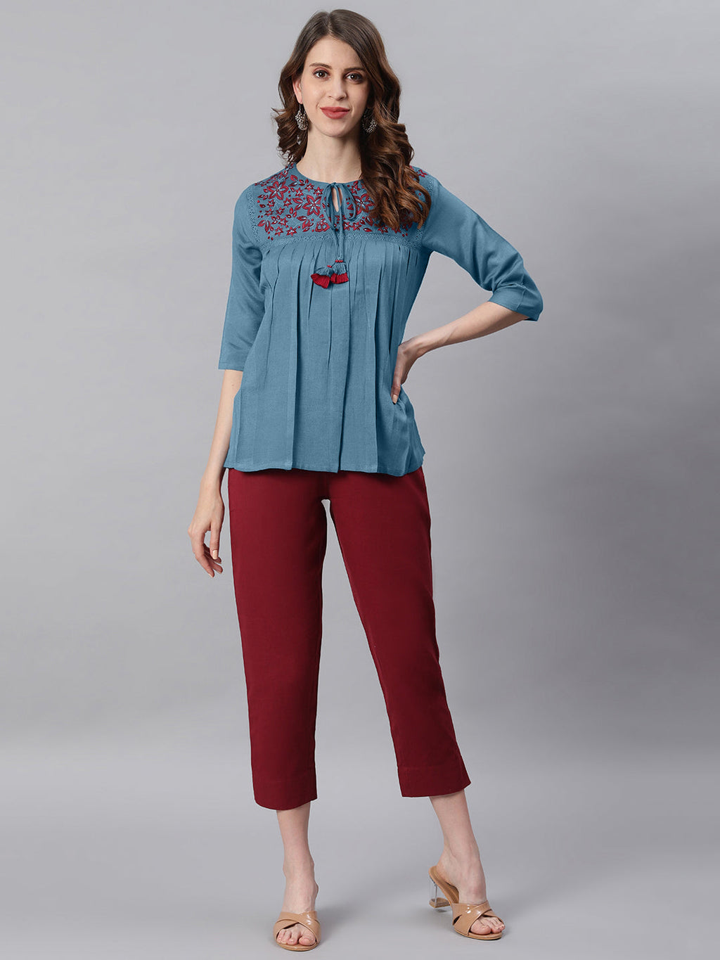 Janasya Women's Blue Cotton Flex Embroidered Gathered Top - Distacart