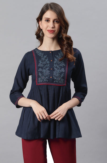 Janasya Women's Navy Blue Cotton Flex Embroidered Gathered Top