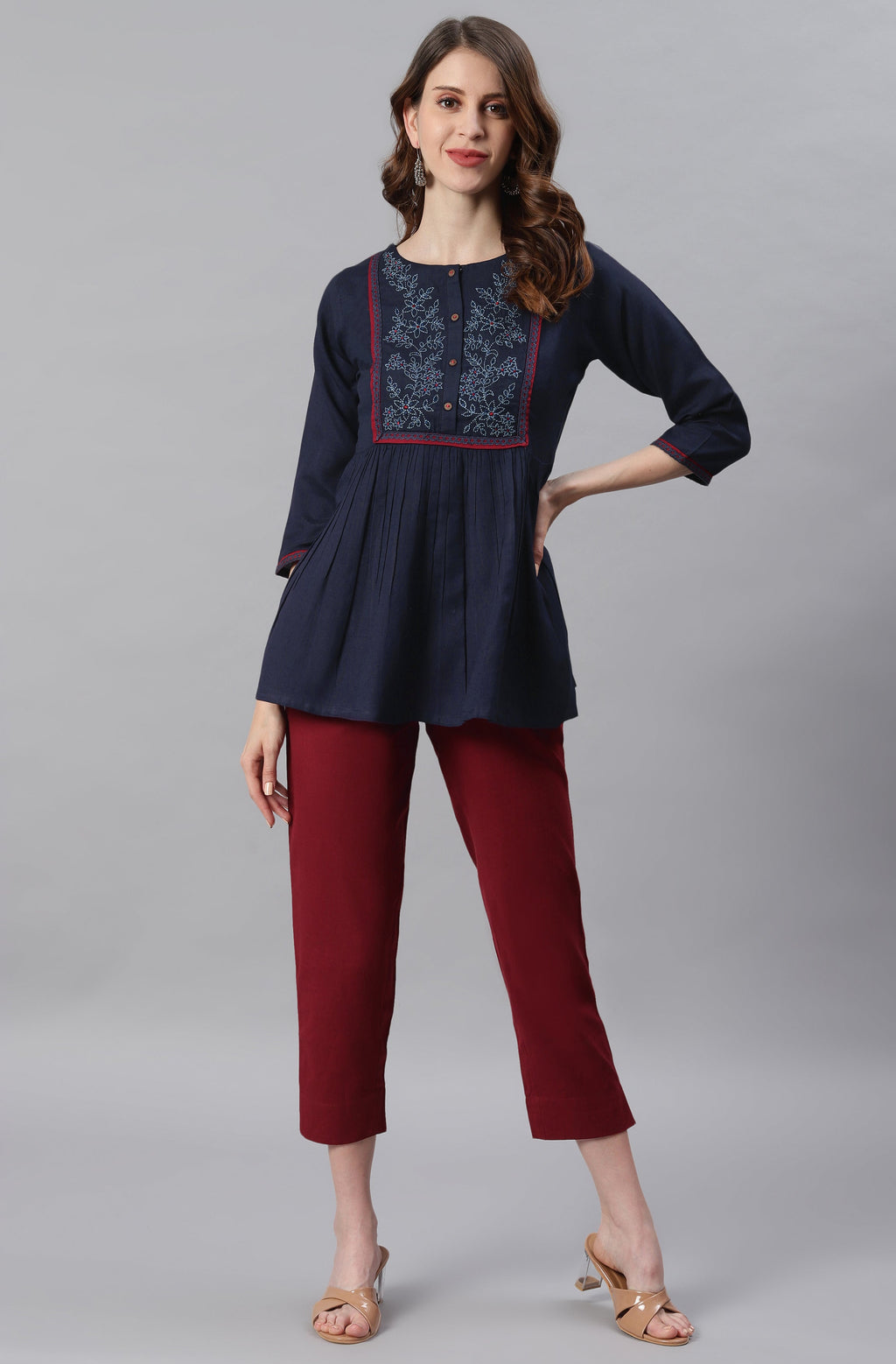 Janasya Women's Navy Blue Cotton Flex Embroidered Gathered Top - Distacart
