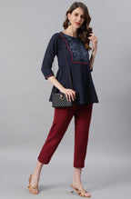 Janasya Women's Navy Blue Cotton Flex Embroidered Gathered Top - Distacart
