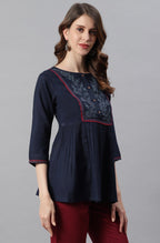 Janasya Women's Navy Blue Cotton Flex Embroidered Gathered Top - Distacart