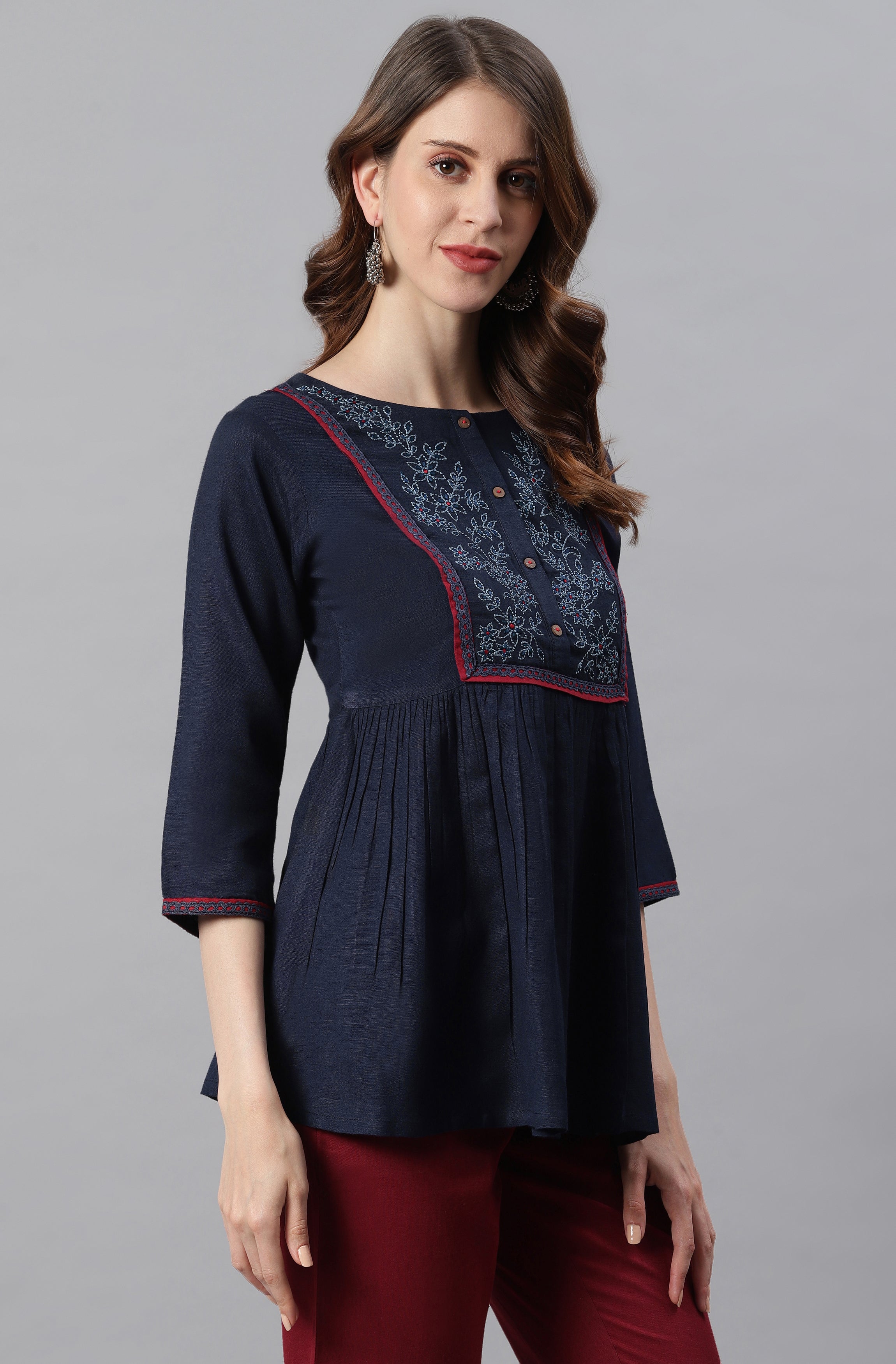 Janasya Women's Navy Blue Cotton Flex Embroidered Gathered Top - Distacart