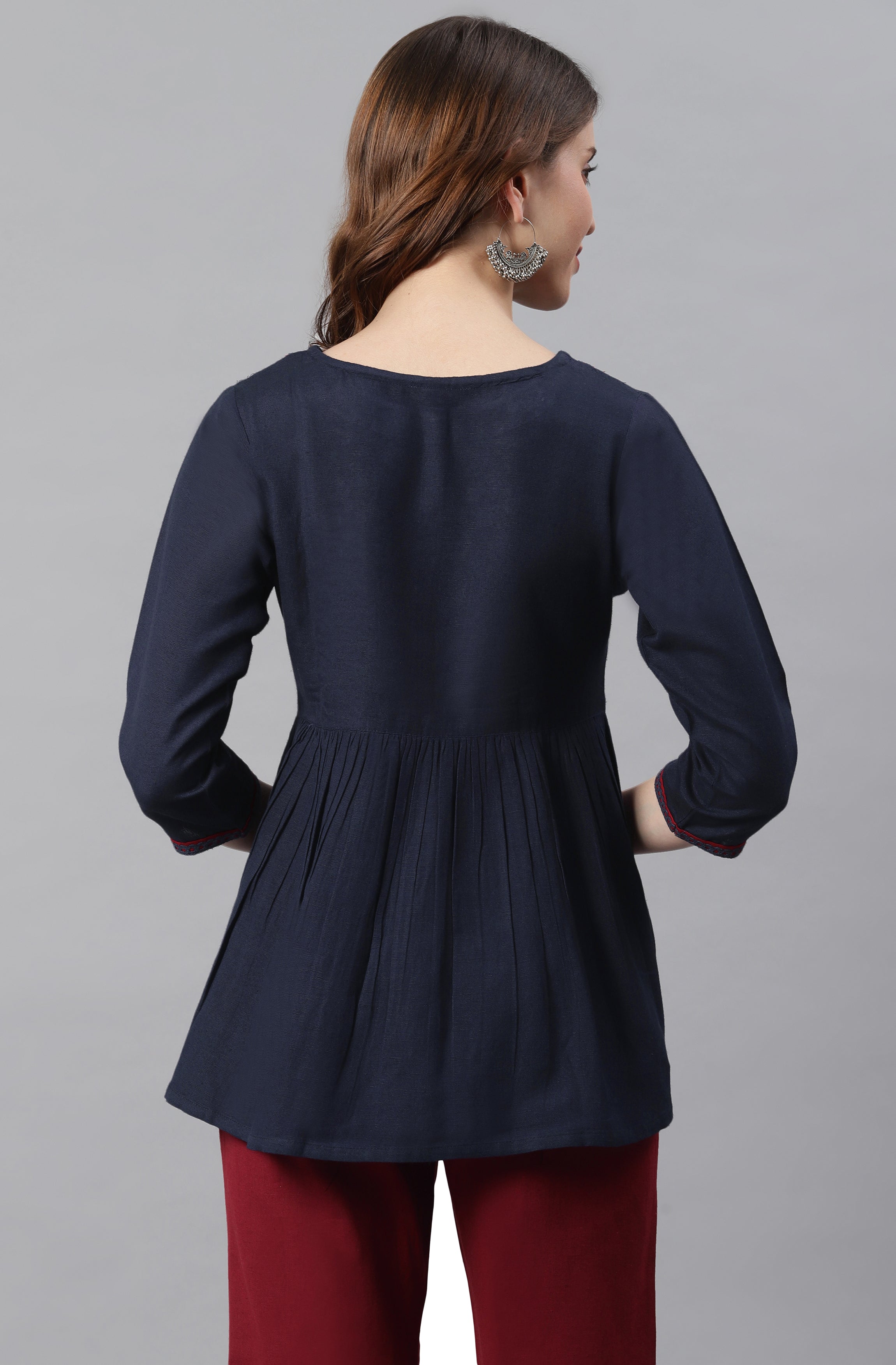 Janasya Women's Navy Blue Cotton Flex Embroidered Gathered Top - Distacart