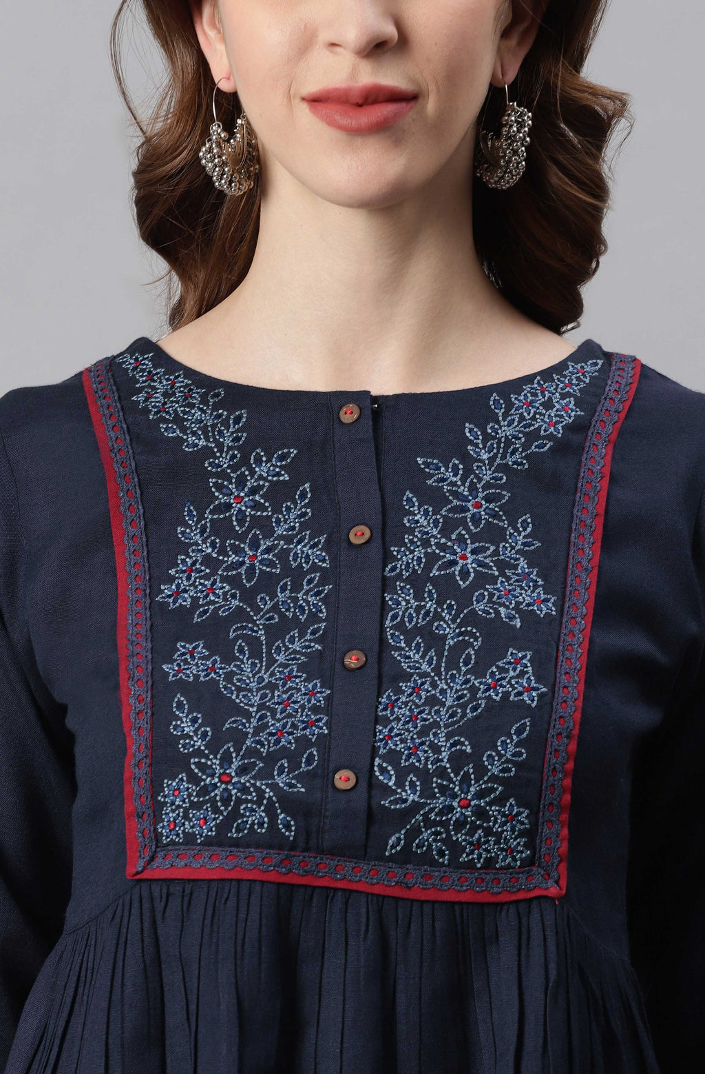Janasya Women's Navy Blue Cotton Flex Embroidered Gathered Top - Distacart