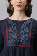 Janasya Women's Navy Blue Cotton Flex Embroidered Gathered Top - Distacart