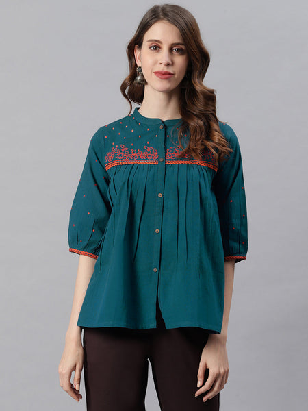 Janasya Women's Teal Cotton Flex Embroidered Regular Top