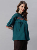 Janasya Women's Teal Cotton Flex Embroidered Regular Top - Distacart