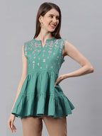 Janasya Women's Green Cotton Flex Embroidered Gathered Top - Distacart