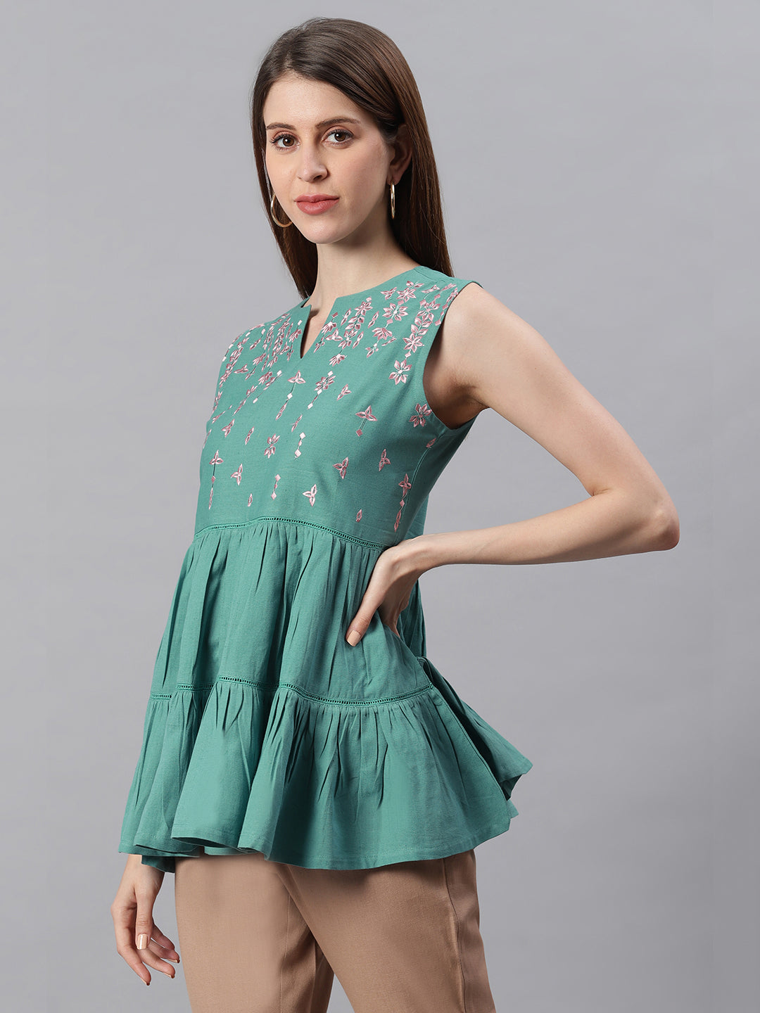 Janasya Women's Green Cotton Flex Embroidered Gathered Top - Distacart
