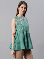Janasya Women's Green Cotton Flex Embroidered Gathered Top - Distacart