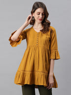 Janasya Women's Mustard Cotton Flex Embellished Gathered Tunic - Distacart