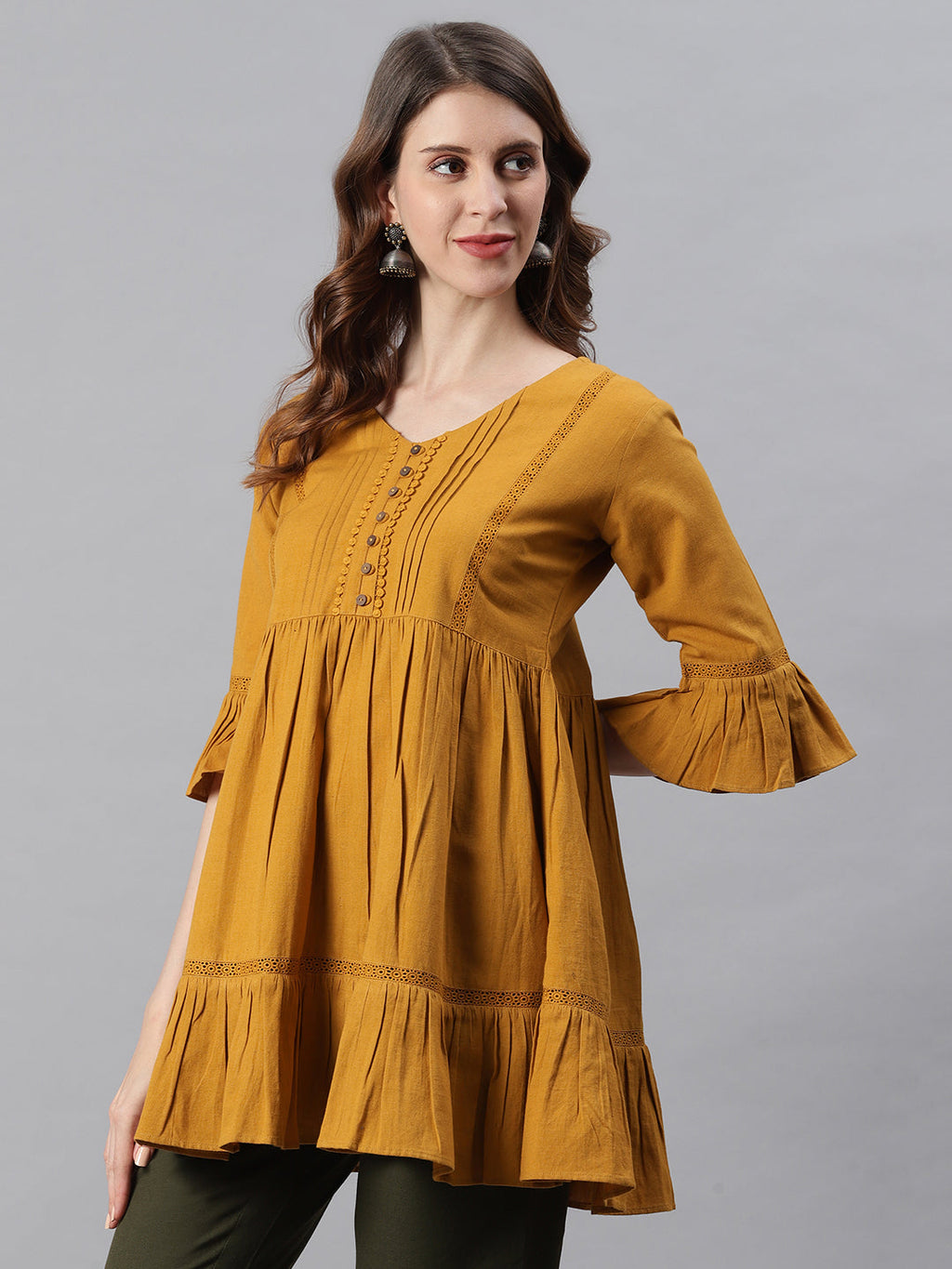 Janasya Women's Mustard Cotton Flex Embellished Gathered Tunic - Distacart
