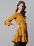 Janasya Women's Mustard Cotton Flex Embellished Gathered Tunic - Distacart