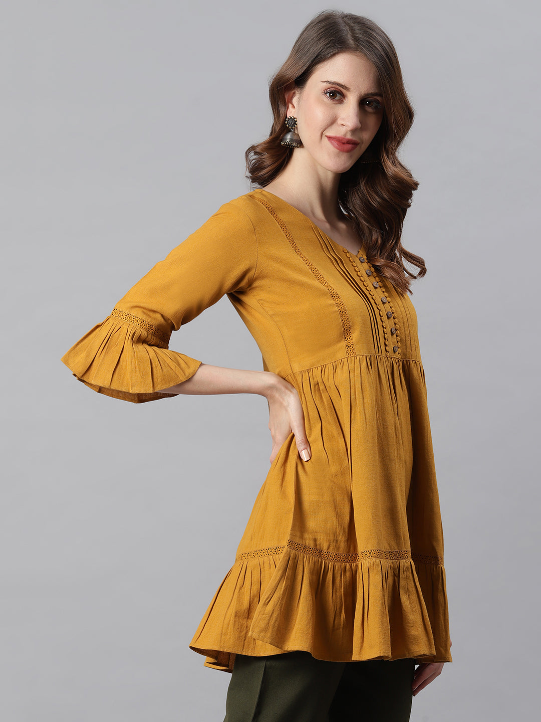 Janasya Women's Mustard Cotton Flex Embellished Gathered Tunic - Distacart