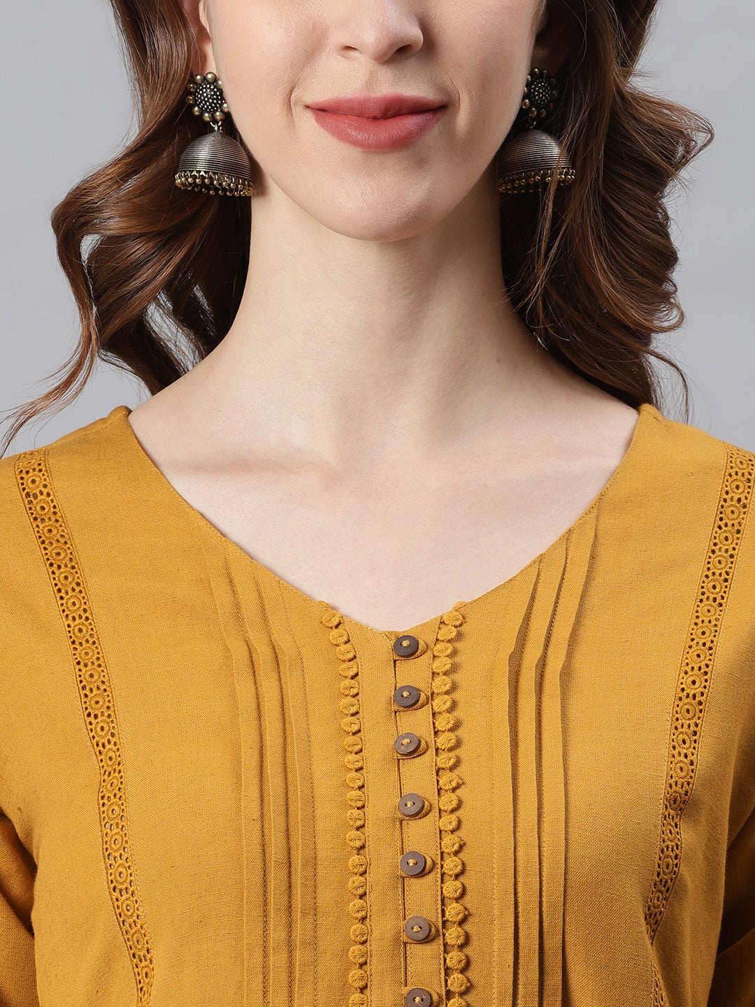 Janasya Women's Mustard Cotton Flex Embellished Gathered Tunic - Distacart