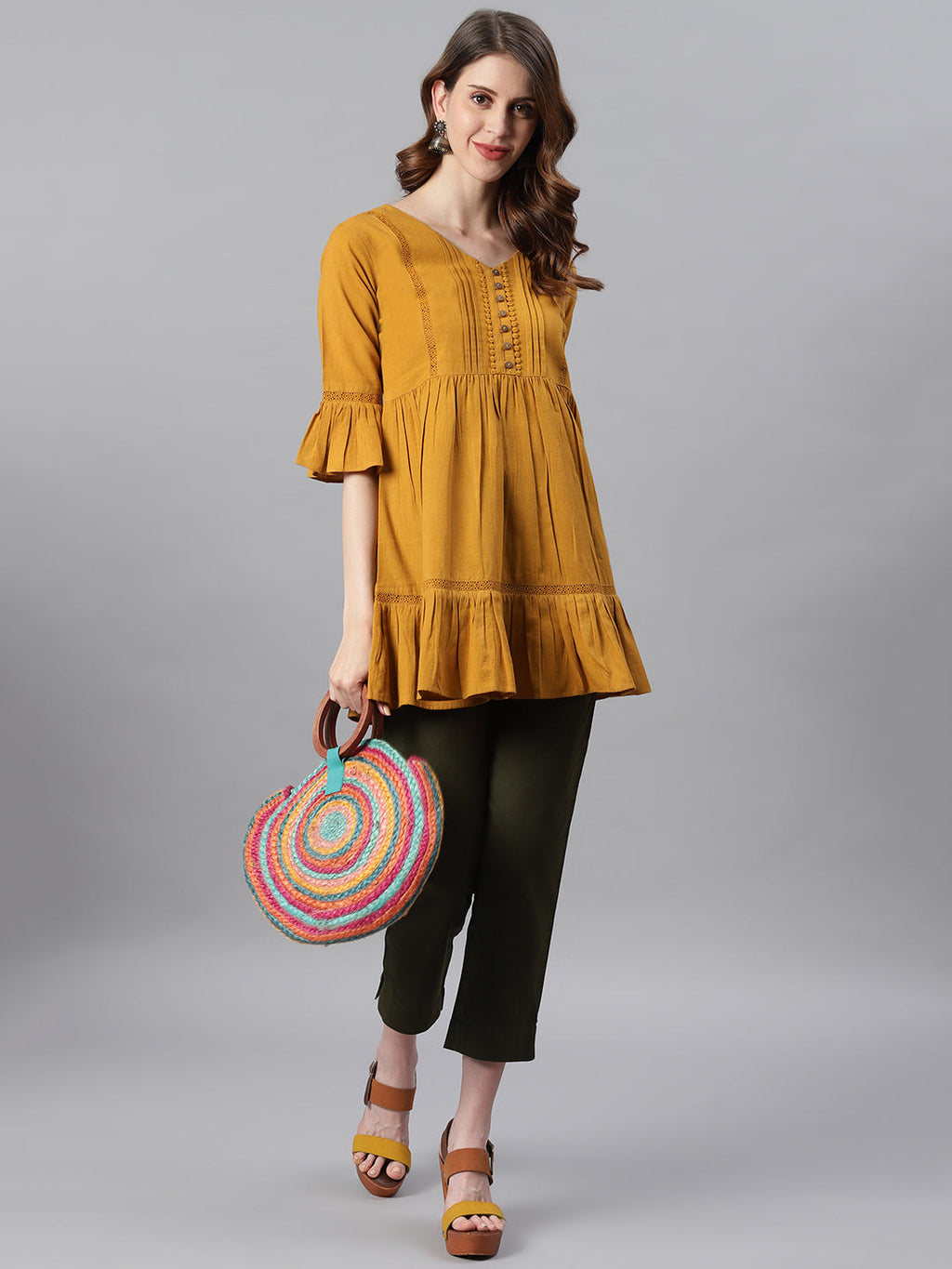 Janasya Women's Mustard Cotton Flex Embellished Gathered Tunic - Distacart