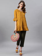 Janasya Women's Mustard Cotton Flex Embellished Gathered Tunic - Distacart