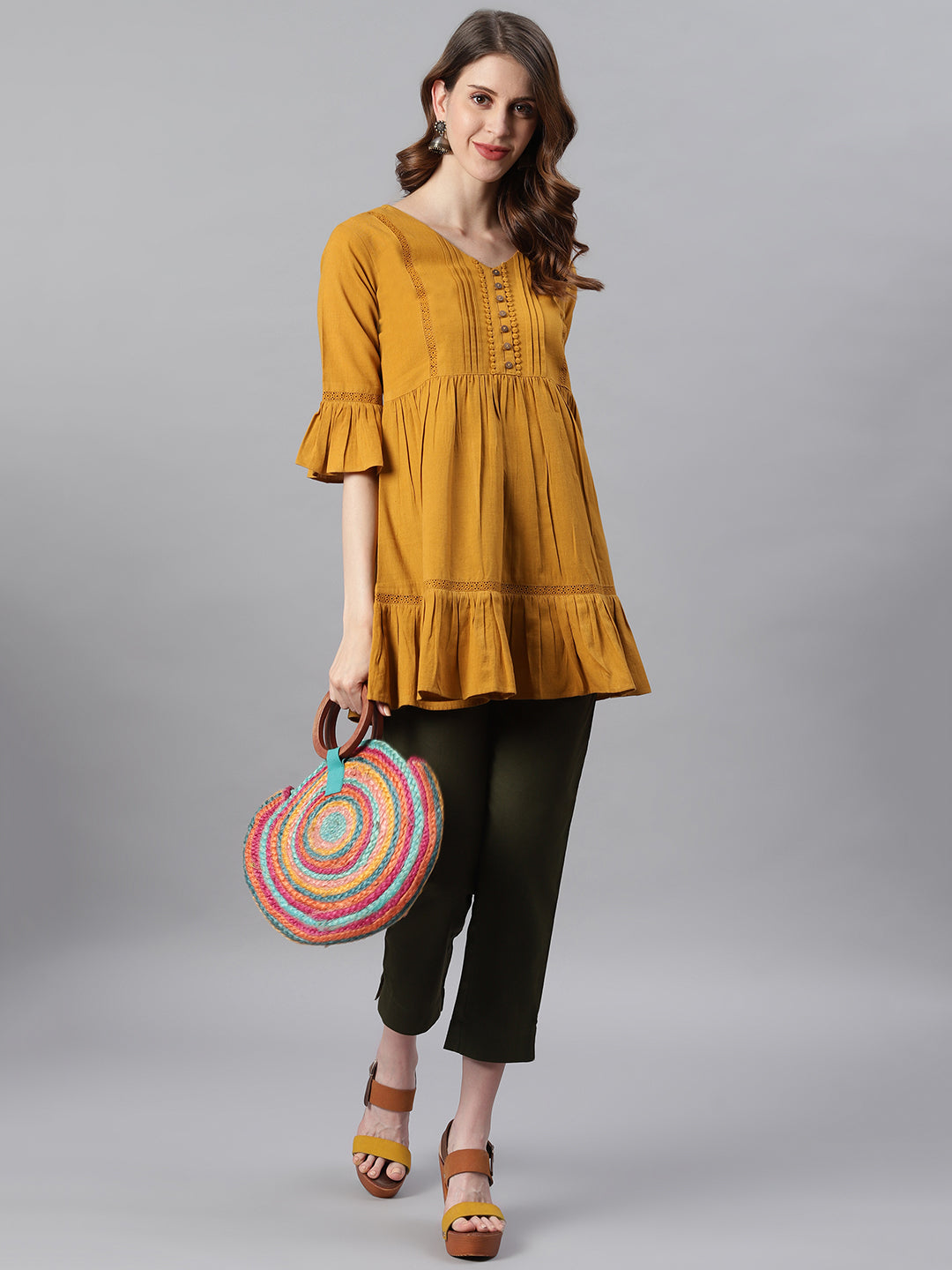 Janasya Women's Mustard Cotton Flex Embellished Gathered Tunic - Distacart