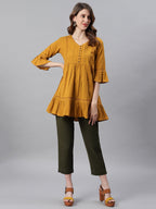 Janasya Women's Mustard Cotton Flex Embellished Gathered Tunic - Distacart