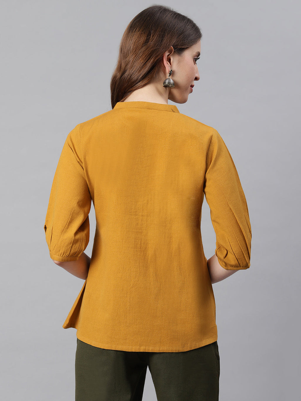 Janasya Women's Mustard Cotton Flex Embroidered A-Line Top - Distacart