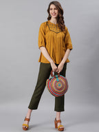 Janasya Women's Mustard Cotton Flex Embroidered A-Line Top - Distacart