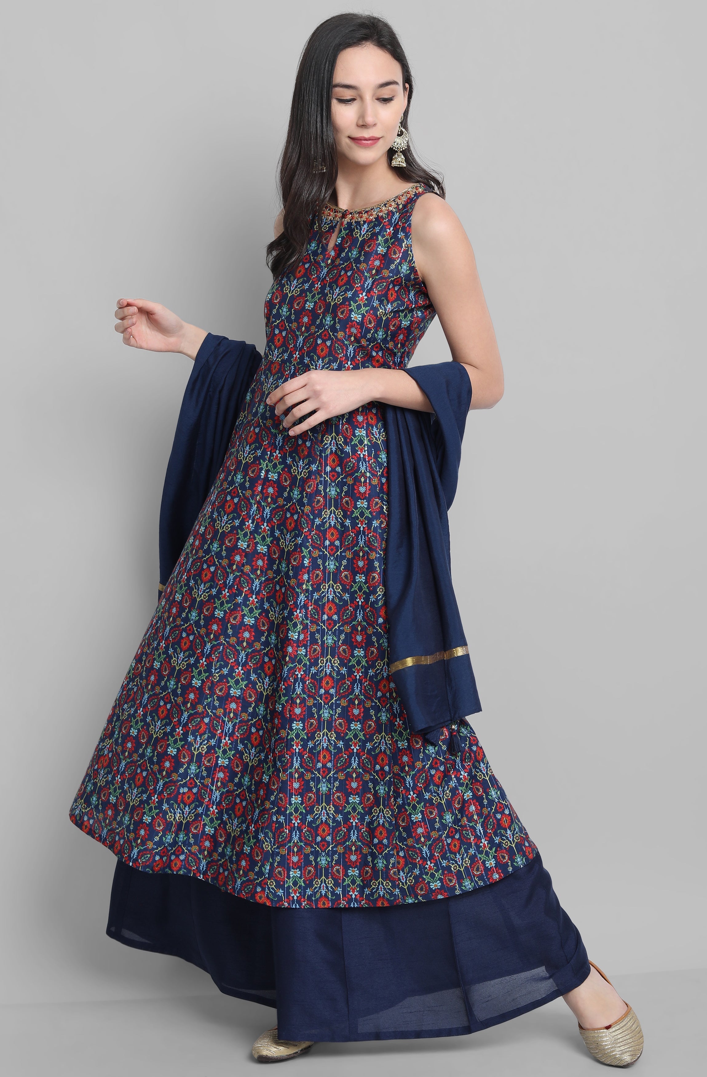Janasya Women's Blue Poly Muslin Embroidered Kurta With Palazzo And Dupatta - Distacart