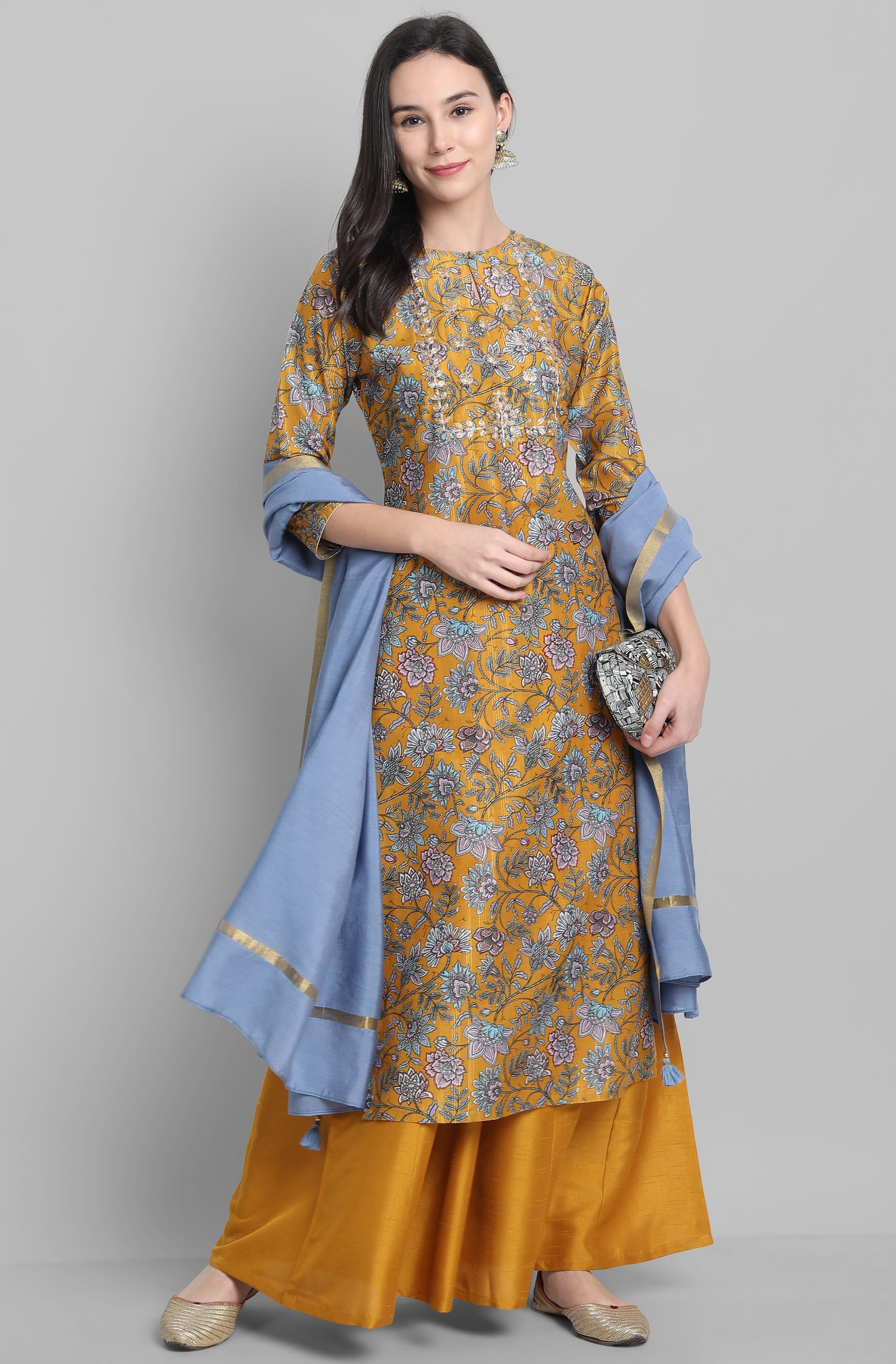 Janasya Women's Mustard Poly Muslin Embroidered Kurta With Palazzo And Dupatta - Distacart
